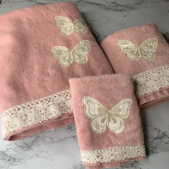 Avanti 3 piece towel set, ￼ pink, Butterfly ￼ embroidery border Lace ￼Vintage ￼