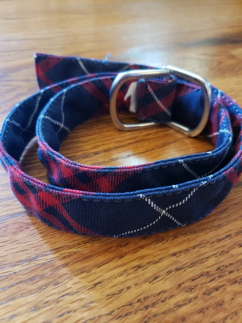 LAND'S END GIRLS D-Ring Plaid Uniform Belt Red/Navy 30 inch *Discontinued
