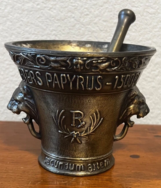 Vintage EBERS PAPYRUS-1500 BC Coricidin Brass Pharmacy Mortar and Pestel Vintage EBERS PAPYRUS-1500 BC Coricidin Brass Pharmacy Mortar and Pestel