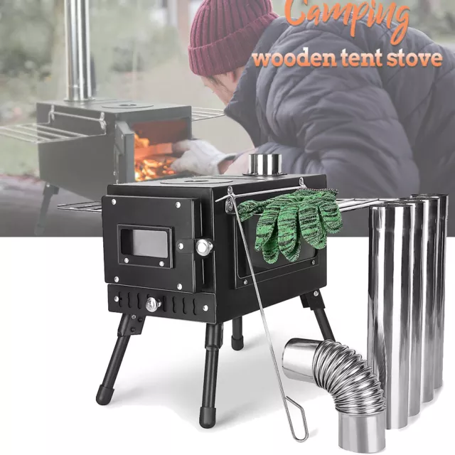 Outdoor Camping Stove Camp Tent Stove Portable Wood Burning Stove w Chimney Pipe