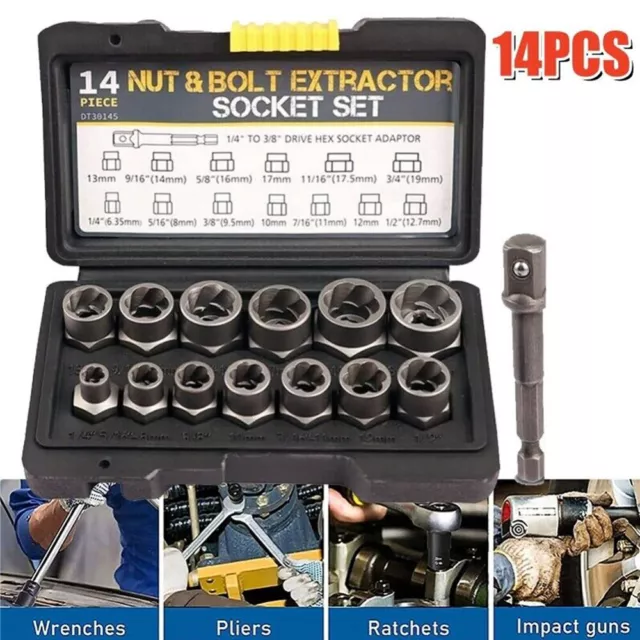 14Pcs Impact Damaged Bolt Nut Screw Remover Extractor Set Twist Socket Tool Kit