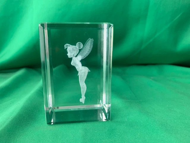 DISNEY TINKERBELL 3D Laser Etched Crystal Glass Cube Paperweight tinker ...