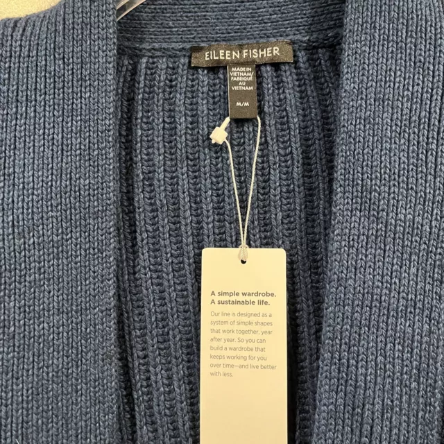 NWT Eileen Fisher Medium Cotton Recycled Cashmere Cardigan Ribbed Adriatic Blue 3