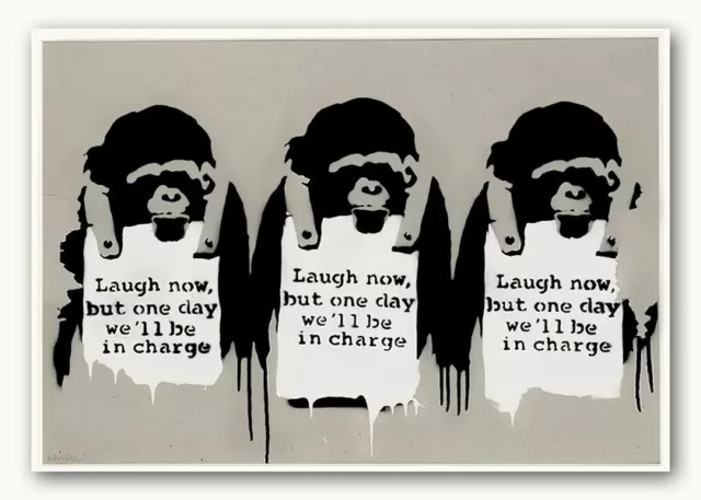 BANKSY-MONKEYS Laugh Now Tan QUALITY CANVAS PRINT A4 -Graffiti Street Poster