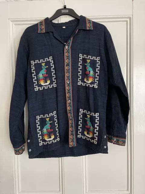 VTG Guatemalan Handwoven Quetzel Peacock Button Down Aztec Shirt Jacket Size L