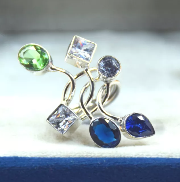 925 Sterling Silver White Topaz & Tanzanite Gemstone Jewelry Wire Ring (US) S-7