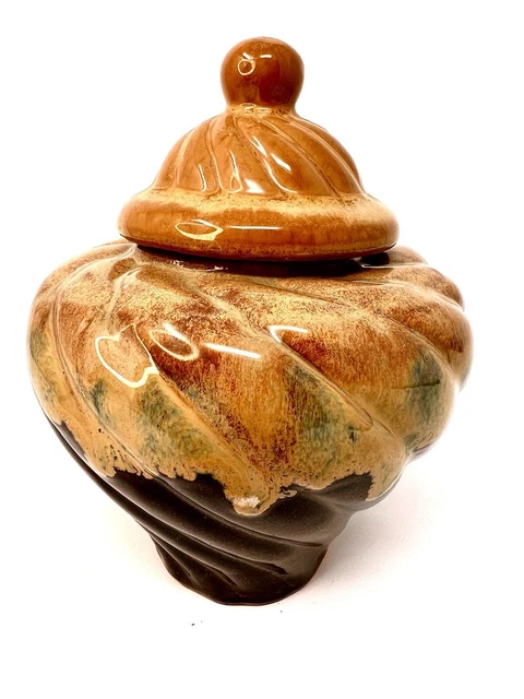 6.5” H/Art Pottery Urn/Vase Brown Tan Blue Drip Glaze Swirl Jen Webb VTG