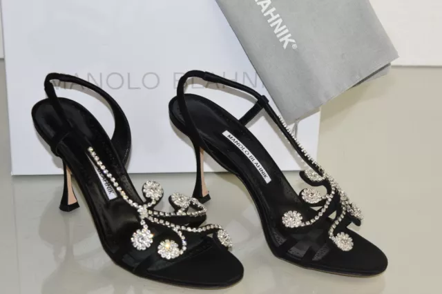 $1395 New MANOLO BLAHNIK Fernusan 90 Jewel Black Satin SANDALS SHOES 39 40.5 41