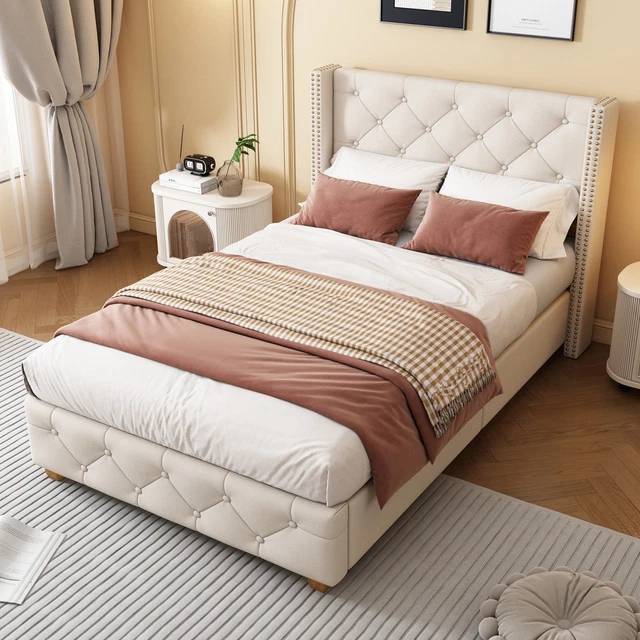 SINGLE BED FRAME with Headboard, Solid Wooden Slats Upholstered ...