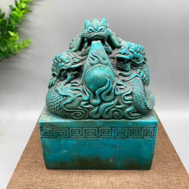 4" Natural Turquoise Stone Jade Dragon Beast Pixiu Dynasty Seal Signet Statue 04