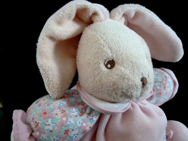 *. DOUDOU BOULE KALOO LAPIN  ROSE BRAS BLEU FLEURS LILIBLUE 20cms GRELOT - TBE 2
