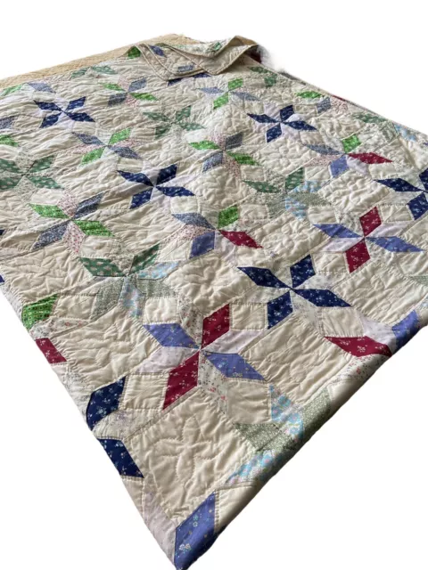 Vintage 1940s Feed sack Style Small Star QUILT Patchwork Hand Stitched 100"x86"