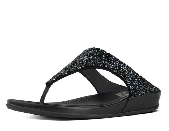 FITFLOP Womens 'Banda Crystal' All Black Leather Toe Thong Sandals Sz 5