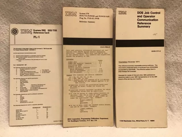 IBM VTG DOS System Reference Cards for 360 & 370