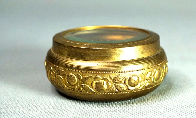 19c.French Gilt Brass Vanity Dresser Pill Box Powder Glass Beveled Exposed Lid