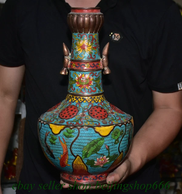 15.6" Marked Old Chinese Bronze Cloisonne Dynasty Lotus 2 Ear Bottle Vase Statue