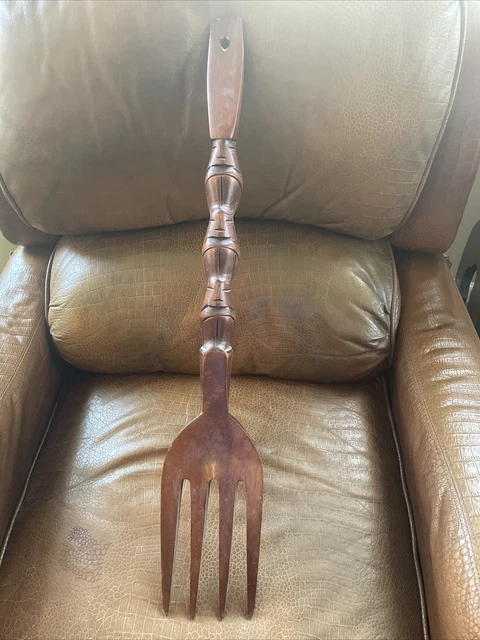 Vintage Giant Wooden Fork Carved Tiki Wall Hanging 28” Long Philippines