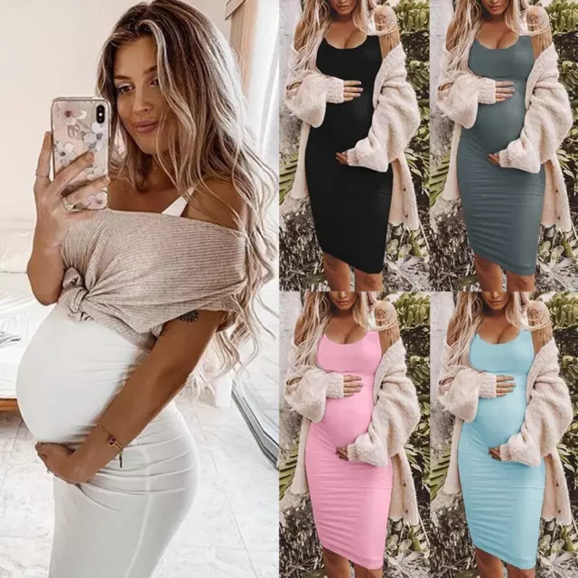 Pregnant Womens Summer Tank Dress Maternity Sleeveless Bodycon Midi Sundress UK