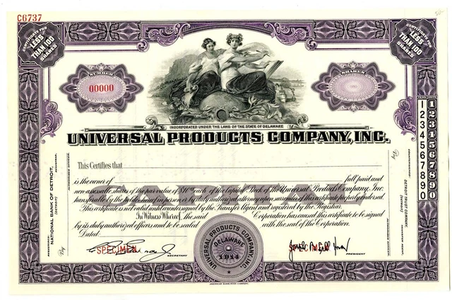Universal Products Co., Inc., 1914 Specimen Stock Certificate