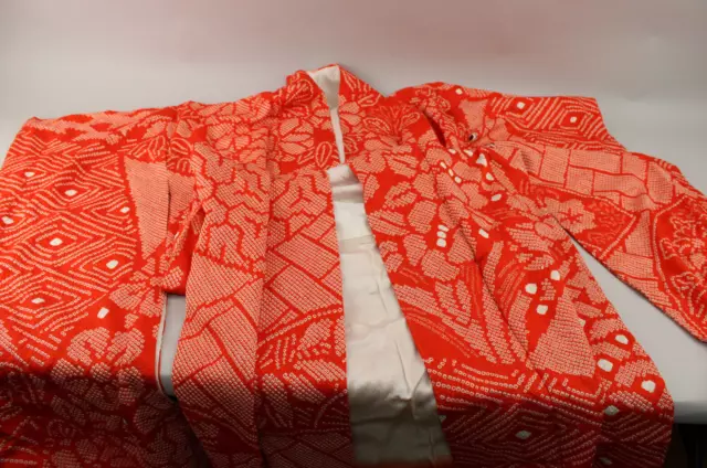 Vintage Japanese Art Silk Furisode/Susohiki Kimono Scarlet w/Flower, Fan Shibori