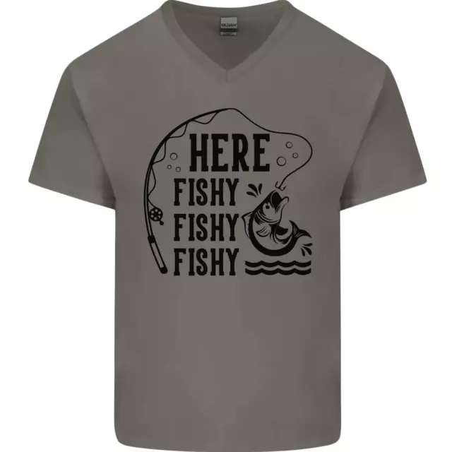 T-shirt da uomo Here Fishy Fishy Funny Fisherman collo a V cotone