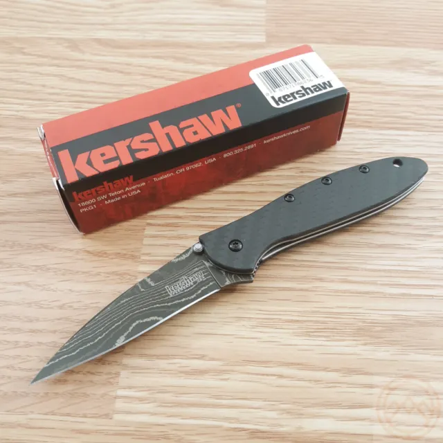 Kershaw Leek Liner A/O Folding Knife 3" Damascus Steel Blade Carbon Fiber Handle