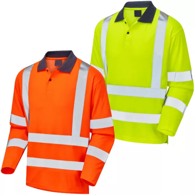 Mens Hi Vis Long Sleeve Reflective Polo Shirt - Safety Security Work Top