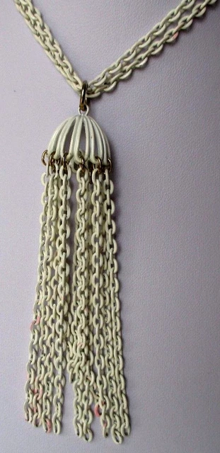 Collier Long Double Chaîne Trifari Vintage, Blanc, Avec Pampille, Signé, Numéro 566