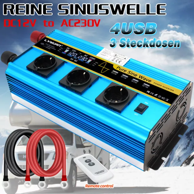 3000W 6000W Reiner Sinus Spannungswandler 12V auf 230V Wechselrichter 4USB 3AC