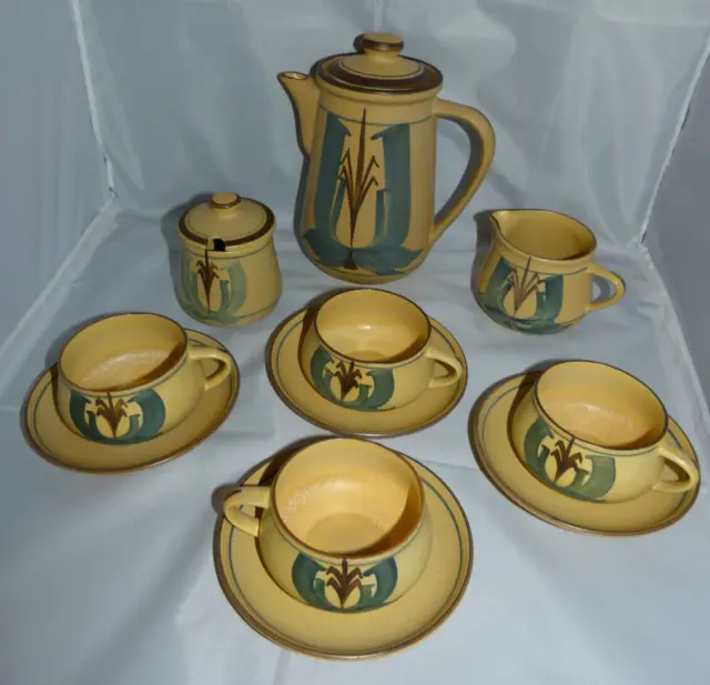 Coffee Set Honiton Pottery Devon Hand Painted 11 piece Collard? Vintage Lotus
