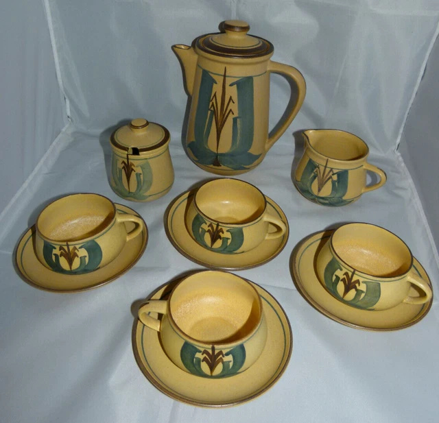 Coffee Set Honiton Pottery Devon Hand Painted 11 piece Collard? Vintage Lotus