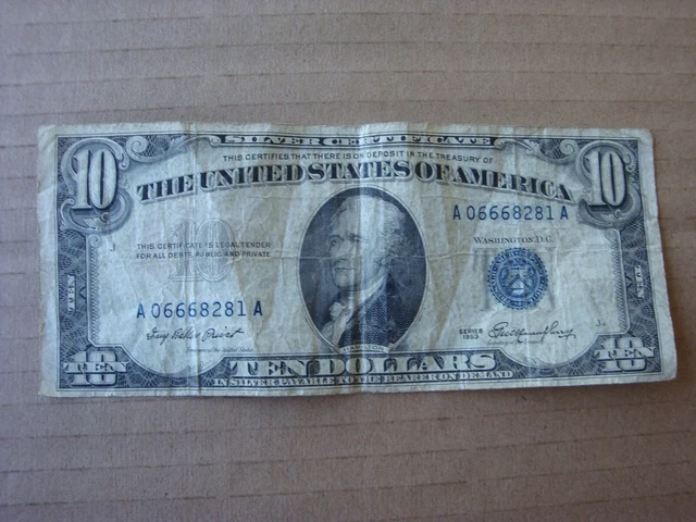 666 1953 Silver Certificate Ten 10 Dollar Bill A06668282A Blue Seal