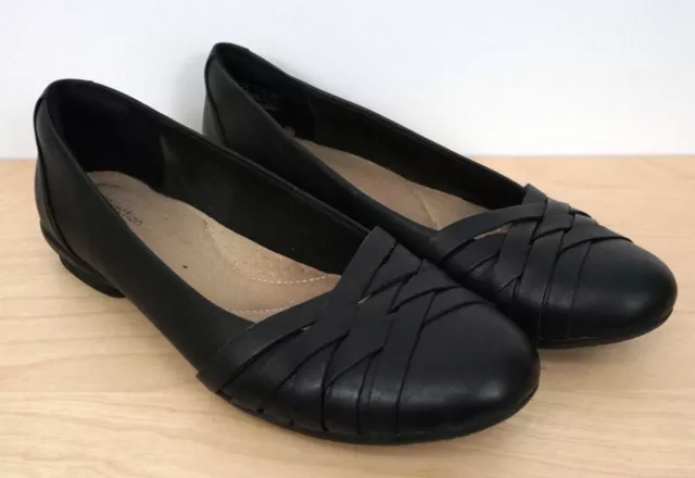 CLARKS COLLECTION BLACK Leather Slip On Work Career Flats Pumps Shoes ...