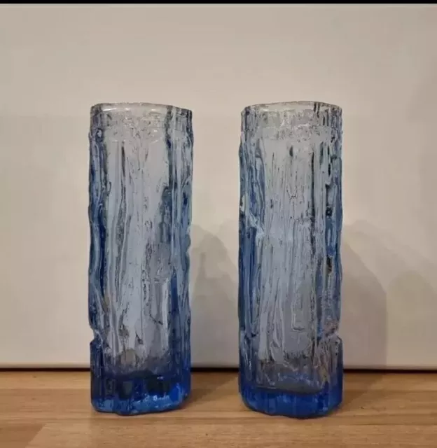 Vintage Pair of Ravenhead Blue Glass Bark Finish Vases  Mid Century