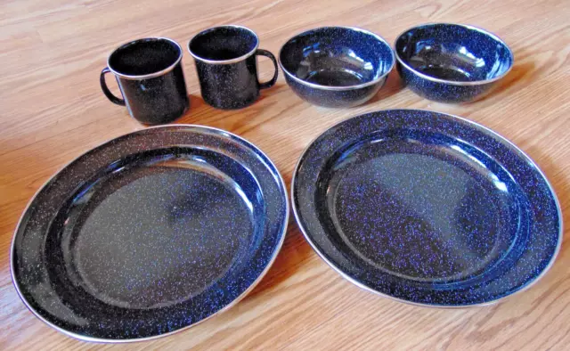 6 pc Black & White Enamelware Dishes Bowls & Cups New