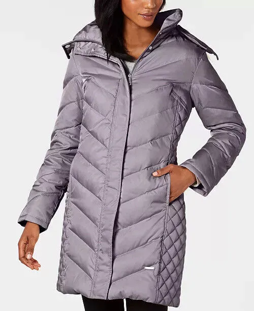 KENNETH COLE FauxFur Down Hooded Puffer Coat PM Petite Medium Nickel Grey Womens