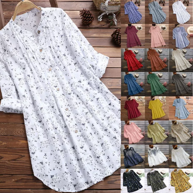 Women Cotton Linen T-Shirt Dress Ladies Casual Baggy Tunic Tops Blouse Plus Size