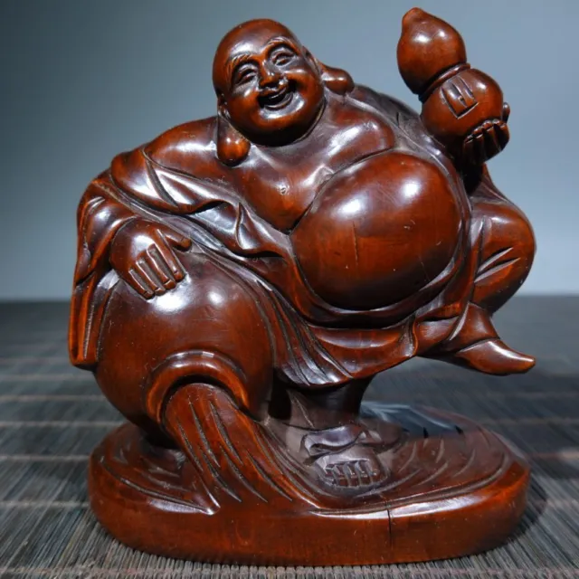 Vintage Chinese Wooden Carving Laughing Buddha Statue Wood Figurines Decoration
