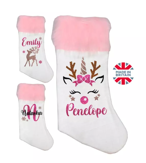 Personalised Christmas Stocking Unicorn Reindeer Rose Gold Handmade Gift Present