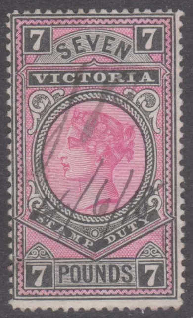 VICTORIA - REVENUE:  1886  £7 black/Rose Bicolour Stamp Duty,  1918 pen  cancel.