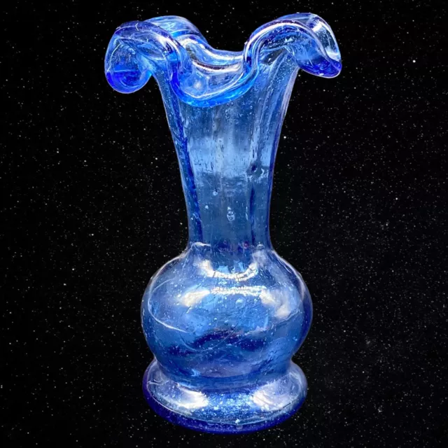 Vintage Hand Blown Art Glass Ruffled Top Bud Vase Cobalt Blue 4”T 2.25”W
