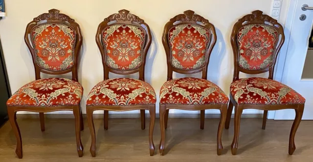 4x Esszimmerstühle Barockstil Nussbaum Rot Gemustert