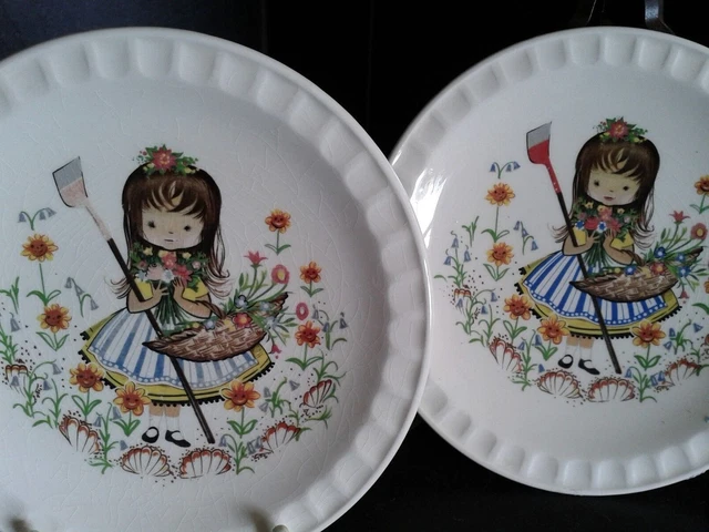 WETHERBY HANLEY ROYAL FALCON WARE pair small plates gardening girl shells & hoe
