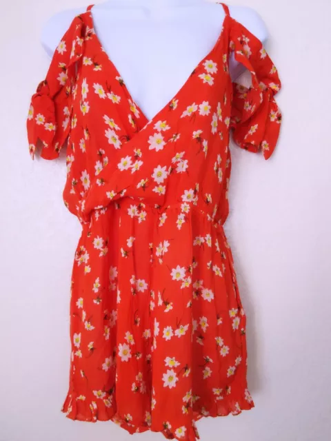 Topshop Women's Off Shoulder Ruffle Wrap Romper Orange Floral Print Size 4-6