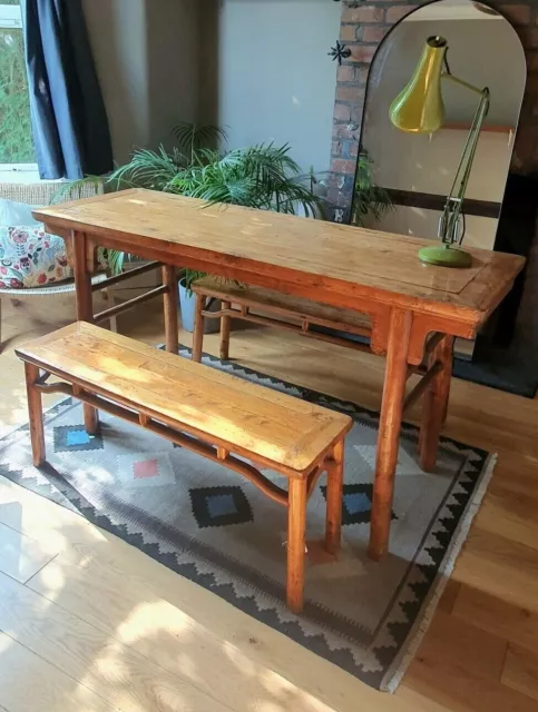 A Rare Antique Hand Carved Chinese Cedar and Elm Scroll Table with Benches