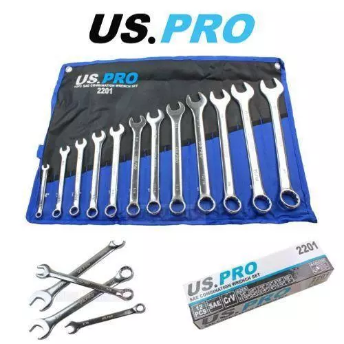 US PRO SPANNER SET 12PC COMBINATION IMPERIAL AF SAE Ring Open Ended Tool 2201