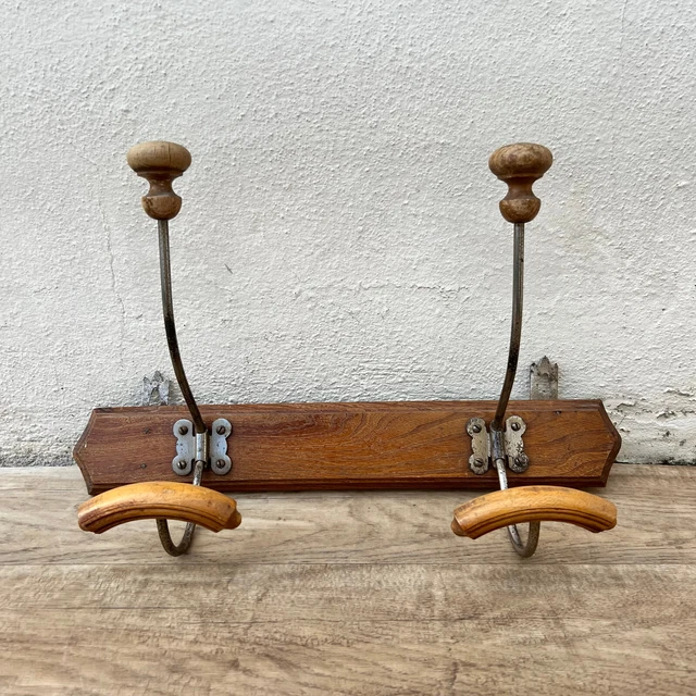 Antique French Coat Hook Hat 2 Hangers wooden end ball rack 15 1/2" 2209225