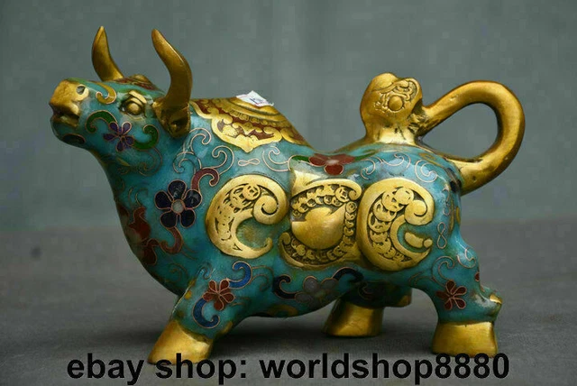 7" Chinese Bronze Gild Cloisonne Wealth Yuanbao Bull Cattle Oxen Animal Statue