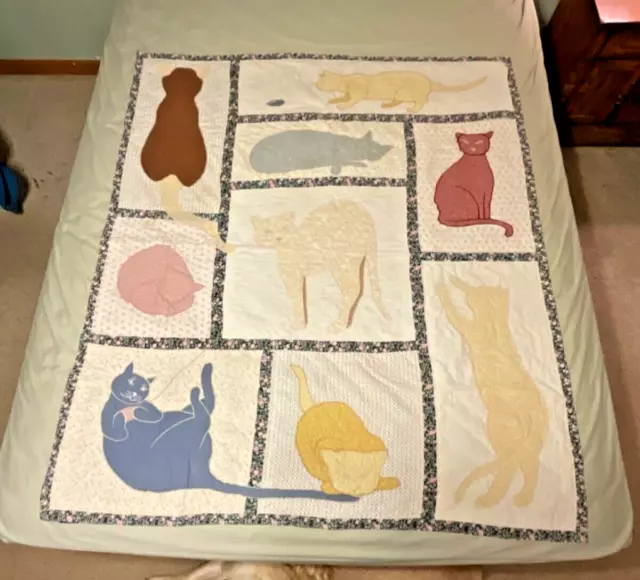 VTG Handmade Quilted Appliqué/Embroidered Cat Lap Quilt 57 x 50