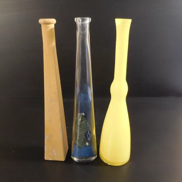 3 Bottles Vases Soliflores Glass Ceramic Handmade Vintage Art Deco N3904